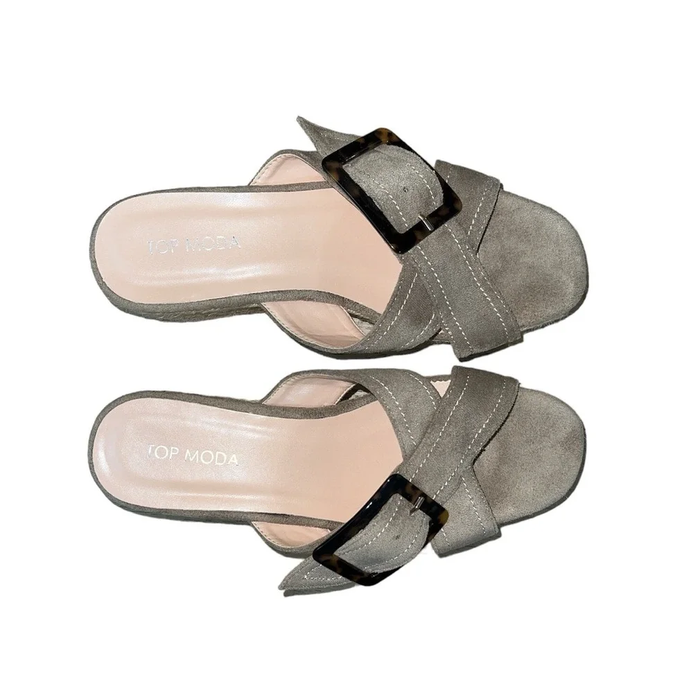 Top Moda Espadrille Wedge Sandals Womens 7.5 Taupe Faux Suede Tortoise Buckle